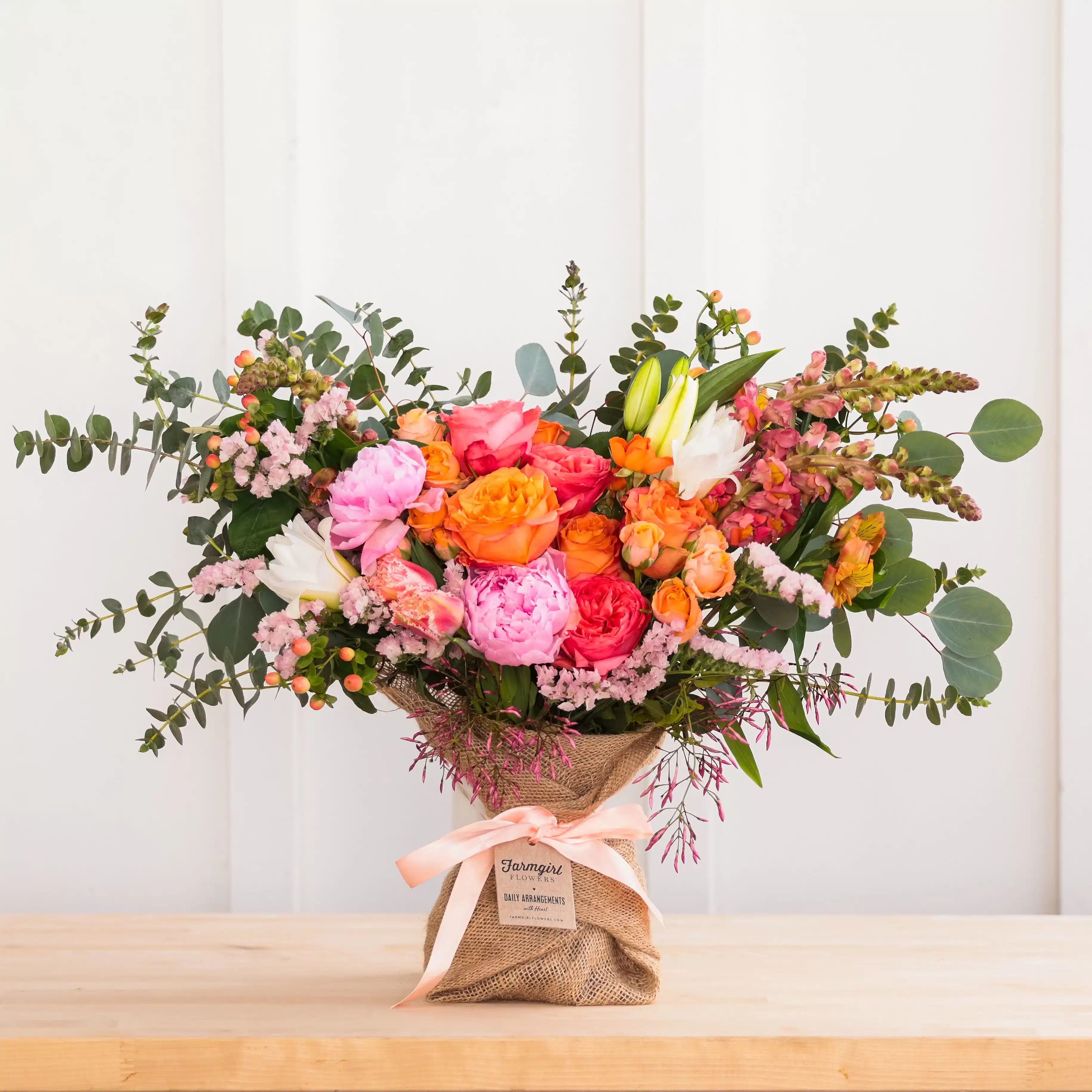 Just Right Burlap Wrapped Bouquet with Peonies!