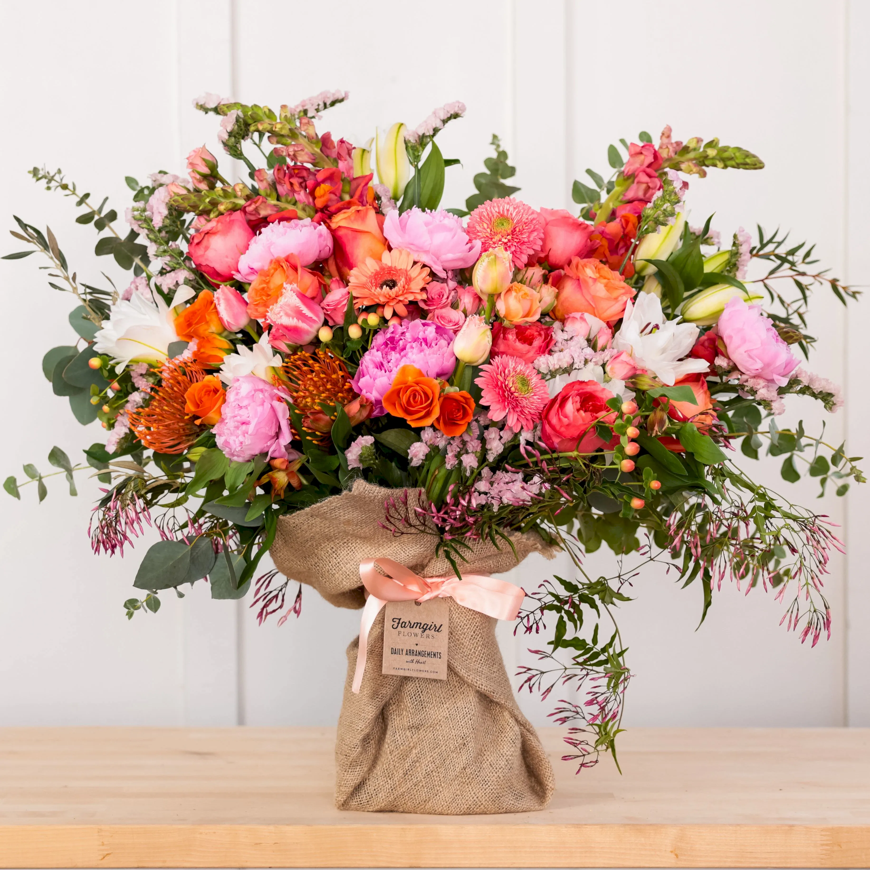 Fancy Pants Burlap Wrapped Bouquet with Peonies!